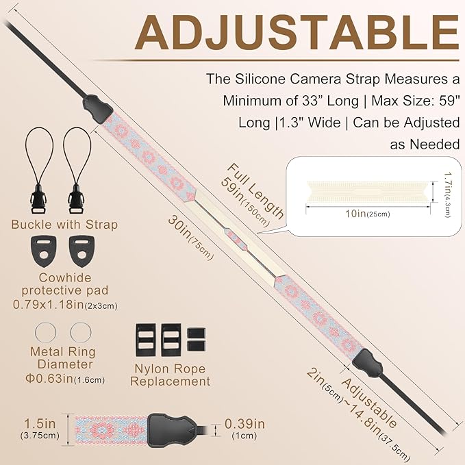 Neck Strap Silicone Camera Straps - Padded Camera Strap, 1.5" Wide Adjustable Nylon Shoulder Strap - Compatible with Canon, Nikon, Sony, and More DSLR and Mirrorless Cameras (Blue Pink)