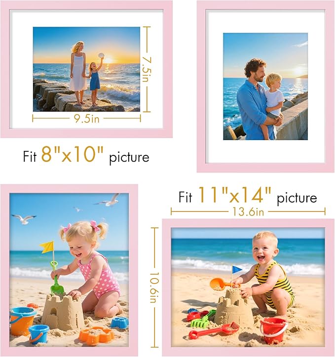 Vittanly 11x14 Picture Frame, Made of Solid Wood and Shatterproof Plexiglass, Display Pictures 8x10 with Mat or 8x10 without Mat, Wooden Photo Frame for Wall Mounting or Tabletop, Pink, 1 Pack