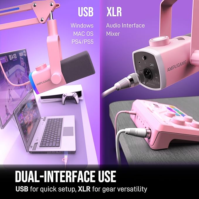 FIFINE XLR/USB Gaming Microphone Kit with Boom Arm Stand, RGB Streaming Mic for Computer Compatible with PC/PS4/PS5, Podcast Mic Set with Headphone Jack, Volume Knob, Mute-AmpliGame AM8PROT Pink