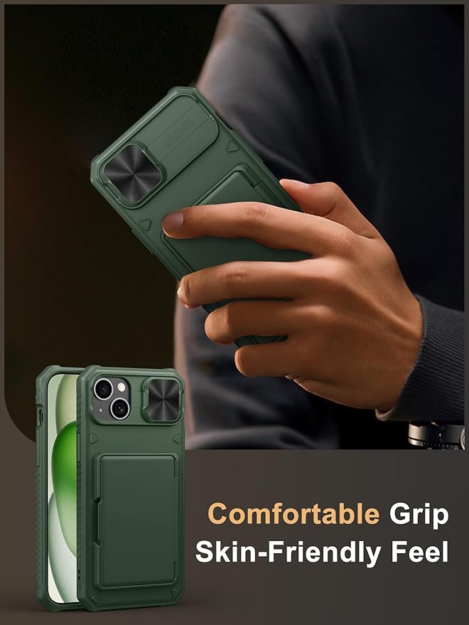Vihibii for iPhone 15 Plus/iPhone 14 Plus Wallet Case, Built-in Card Holder (4 Cards), [RFID Blocking] & Slide Camera Cover, Military Grade Drop Protection, TPU Soft Edge Wallet Phone Case, Green