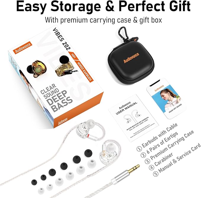 Vibes 202M Wired Earbuds - HiFi in Ear Monitor Headphones - Noise Isolating Ear Buds w/ Mic - Clear Sound, Deep Bass & Comfort-Fit Gaming Earphones - MMCX to 3.5mm & Silver Plated Cord, Carrying Case