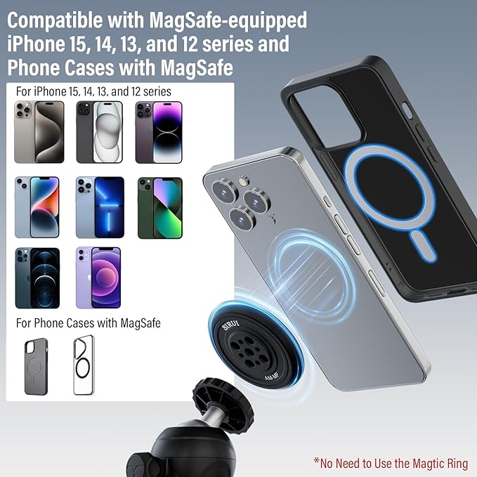 Sirui Magnetic Phone Tripod Mount Adapter with 3 Adhesive Rings Compatible with MagSafe for iPhone 15, 14, 13, and 12 Series, Magnetic Phone Holder for Tripod, Selfie Stick, Magic Arm, AM-MF