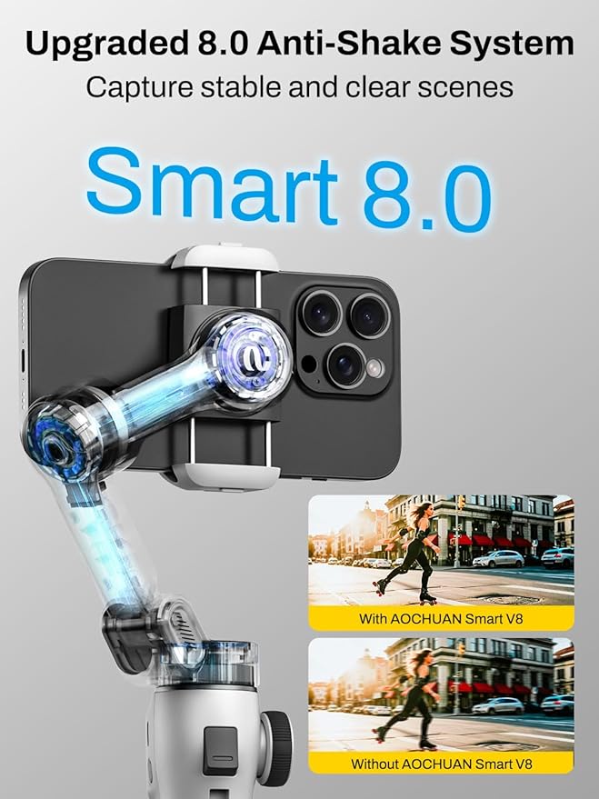 AOCHUAN Smartphone Gimbal Stabilizer for iPhone & Android, 3-Axis Phone Gimbal with Bluetooth Remote Control, Built-in 7.8” Extendable Rod, EVA Protective Storage Bag w/Hand Strap, V8 KIT WH& B30