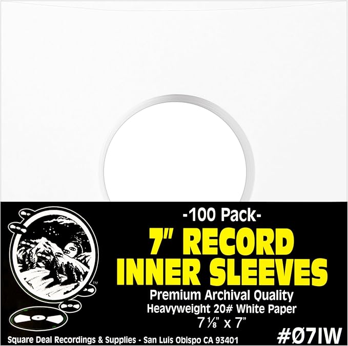 (100) Archival Quality Acid-Free Heavyweight Paper Inner Sleeves for 7" Vinyl Records #07IW