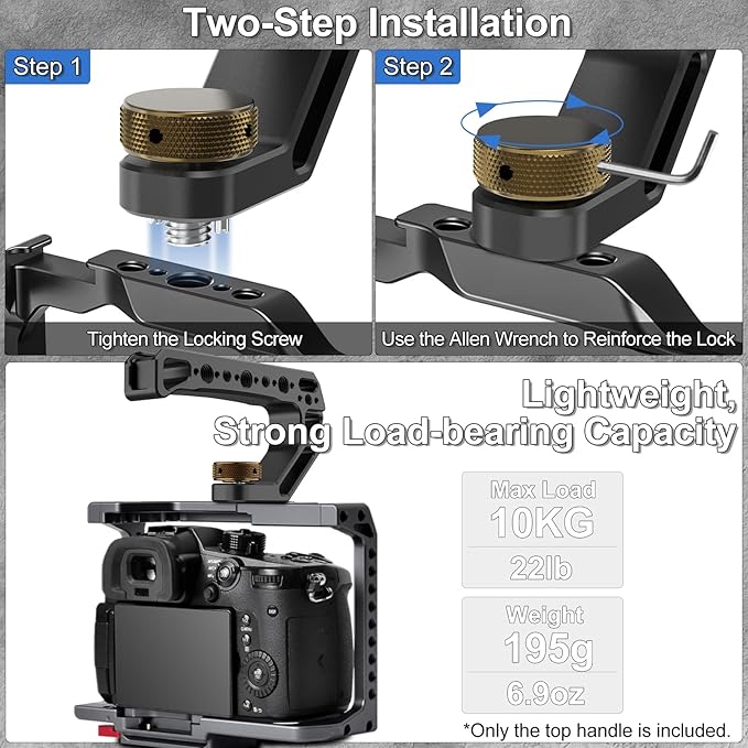 Camera Top Handle with 3/8"-16 Locating Pins for ARRI Grip for Camera Cage, Universal Top Handgrip with 5 Cold Shoe Adapters, Ergonomic Design, 1/4" and 3/8" Threads with Microphone/LED Light/Monitor