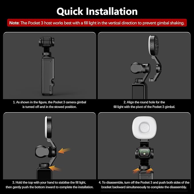 AMAZEAR LED Light for DJI OSMO Pocket 3 Accessories, Auto-Follow Gimbal Selfie Vlog Video Auxiliary Fill Lighting, CRI≥95, 3-Color Temp 2500-5600K Brightness Adjustable, 500mAh 1.6W USB-C