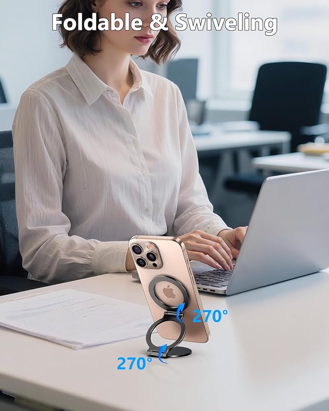 Dual Magnetic Phone Ring Holder for MagSafe, Compatible with 1/4" Screw Tripod Mount, Magnetic Phone Grip Kickstand for iPhone 17/16/15/14/13/12 Pro Max & All Phones