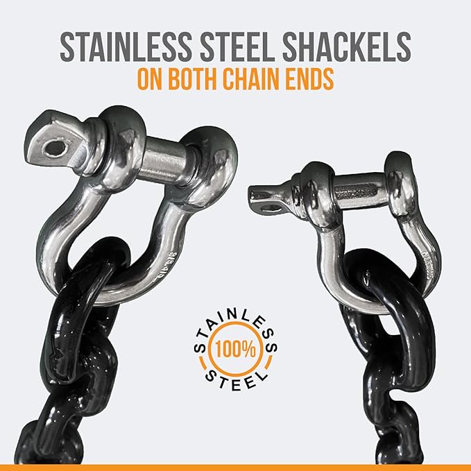 Anchor-Man PVC Coated Boat Anchor Chain with Advanced Stainless Steel Shackles - Perfect Anchor Chains for Boats, Kayaks, and Jet Skis - 2 Sizes (4ft 1/4in, 5ft 5/16in) - Black Coated Anchor Chain