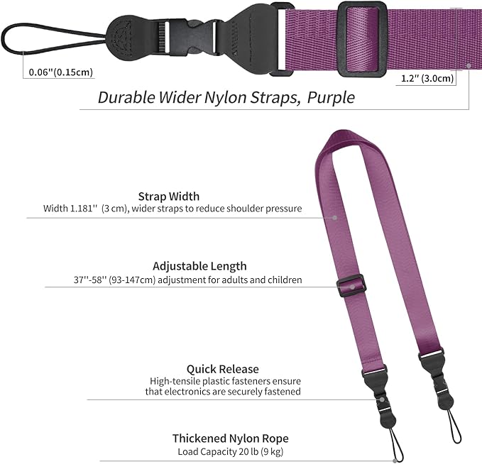 Adjustable Shoulder Strap, Nylon Camera Strap, Comfortable Neck Strap for iPad, Cellphone Tablet, Camera, Laptop, Binocular, Luggage Bag (Dark Purple Universal Lanyard)