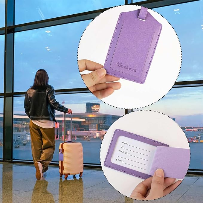 2 Pack Leather Luggage Tags Travel Luggage Name Tag Bag Tags Leather Suitcases Tags for Luggage Id Tags with Cover Privacy Protection Suitcase Labels Travel Accessories (Black & Purple)
