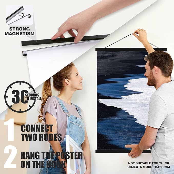 Ywlake Magnetic Poster Hanger, 10x10 10x32 10x20 Poster Frame Wood Wooden Magnet Print Posters Dowel Scroll Hanger Hangers Hanging Kit for Walls Map Canvas Artwork (Black, 10")