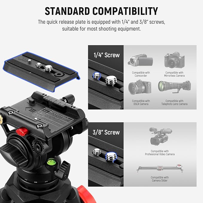 NEEWER Video Tripod with Fluid Head, Heavy Duty Aluminum Compact Portable Camera Tripod Stand for DSLR Camcorder Compatible with DJI Gimbals Compatible with Manfrotto QR Plates, Max Load 13.2 lb, TP73