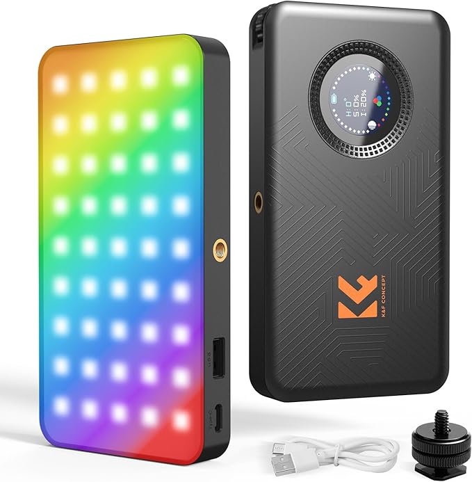 K&F CONCEPT RGB Video Light, Portable Camera Light for Photography, Cold Shoe Light, CRI95+, 2700-7500K, Full Color OLED Screen, 5000mAh Rechargeable LED DSLR Lighting for Content Creator