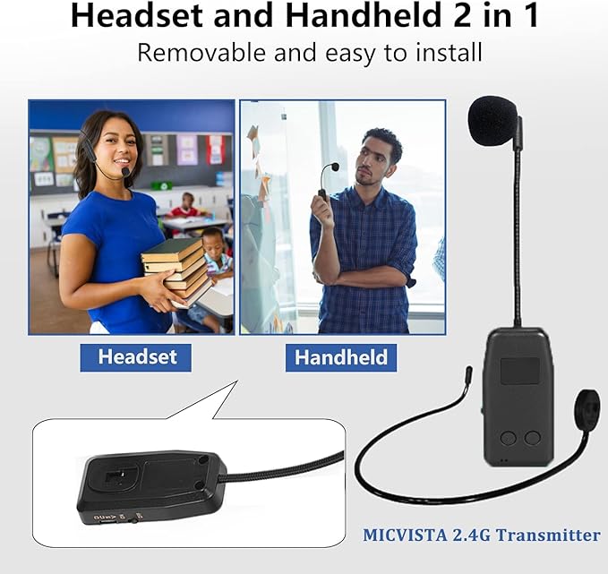 Wireless Microphone System for 4 People,2.4G Wireless Headset Mics and Handheld Mics 2 in 1,Ideal for Speakers,Voice Amplifier,PA System,Teacher,Tour Guides,Fitness Instructor