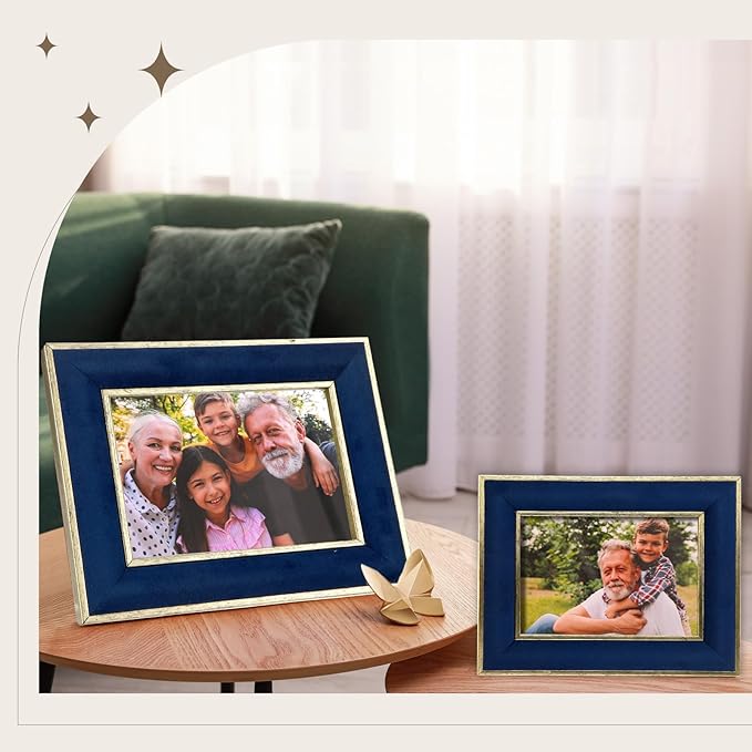 Kathfly 1 Pcs Navy Blue Velvet Picture Frame 4 x 6 Inch Vintage Photo Frame with Gold Metal Edge Horizontal & Vertical Mount for Poster Artwork Puzzle Tabletop Wall Display Christmas Home Office Decor