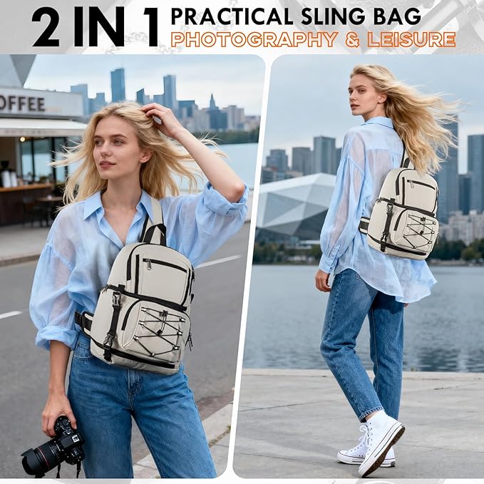 RAINSMORE Camera Bag, DSLR & Mirrorless Camera Sling Bag for Photographers Waterproof Small Camera Crossbody Case with Removable Padded Insert & Tripod Holder for Canon/Nikon/Sony/Fuji, Beige