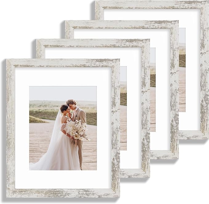 11x14 Picture Frame Set of 4, Made of Glass and Distressed White Wooden Frame, Display 8x10 Pictures with Mat or 11 x 14 Posters without Mat for Wall Mounting, Gallery Photo Frames