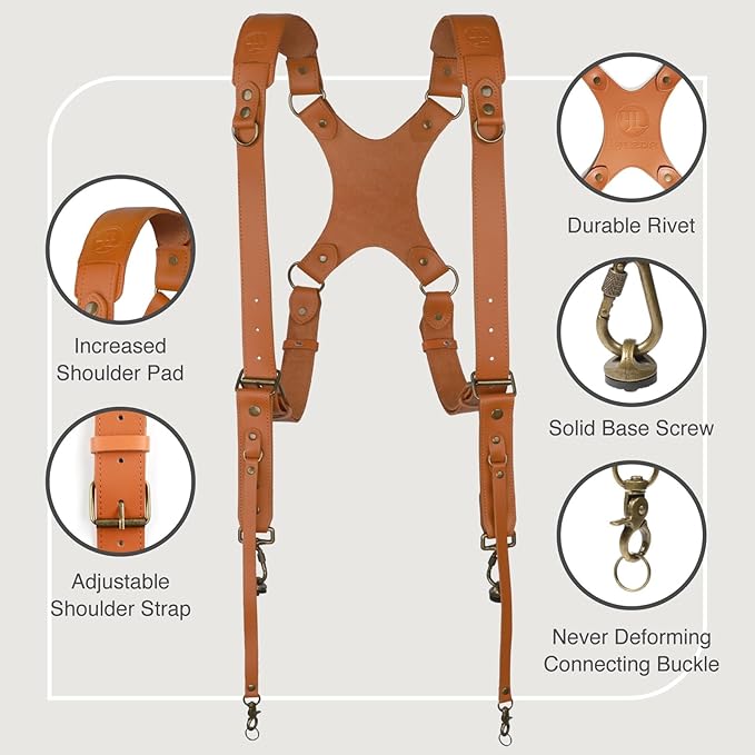 Leather Dual Camera Harness Strap for Photographers,Adjustable Shoulder Crossbody Padded Harness for DSLR SLR