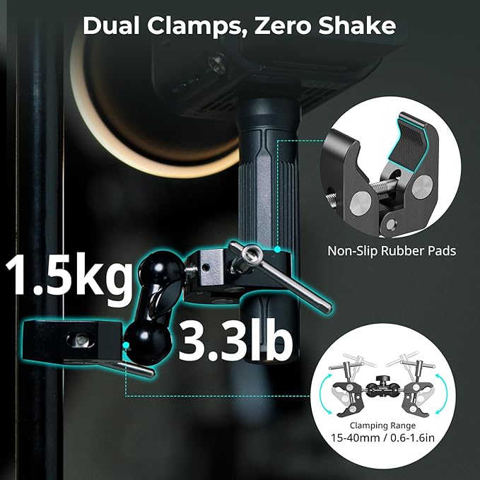 SMALLRIG Adjustable Double Clamp Mount, Dual Head 15-40mm Anti-Slip Clamp, 1.5kg Aluminum Alloy Clamp for Photography Lighting/Tripod/Studio - 5331