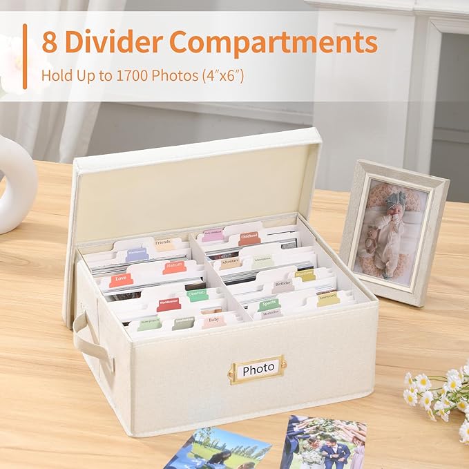 Aokeyee Decorative Linen Photo Storage Box - Holds 1700 4x6 Pictures, Memory Keepsakes Organizer with Dividers