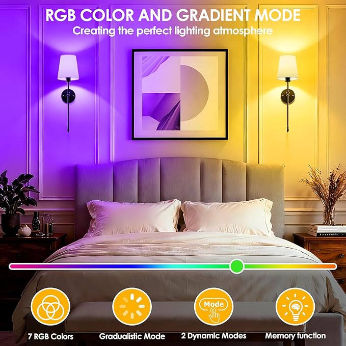 OCATO Battery Operated Wall Sconce: 10000mAh Wireless Wall Sconces Set of Two Rechargeable Lamp Dimmable Magnetic Lights with 7 RGB Colors and Remote Walls Decor for Bedroom Living Room Hallway