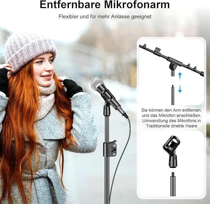Microphone Stand, Tripod Boom Arm Floor Mic Stand Height Adjustable Heavy Duty with Carrying Bag 2 Mic Clips 3/8" to 5/8" Adapter for Singing Podcast for Blue Yeti Shure SM58 SM48 Samson Q2U