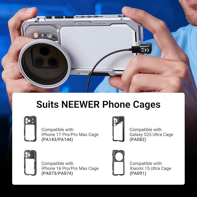 NEEWER PA144 (Silver) Phone Cage Compatible with iPhone 17 Pro Max + PS017 180 Degree U Shaped USB C OTG Adapter, Quick Release Video Rig Stabilizer with 67mm Filter Ring, 17mm Lens Backplate