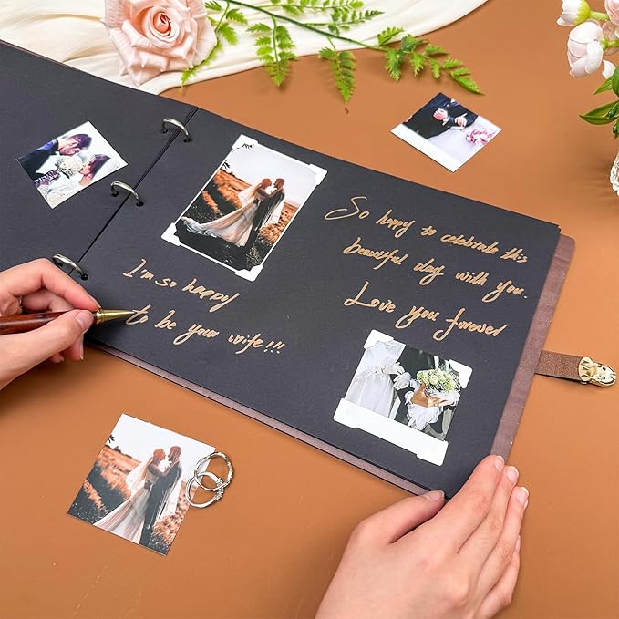 Custom Wedding Scrapbook Album, Personalized Wooden Wedding Photo Albums Hollow Carved Flowers and Engraved Names, Couples Scrapbook Anniversary Memory Birthday Engagement Keepsake Gifts