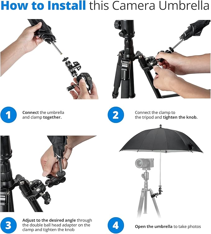 65CM/25.59" Camera Tripod Umbrella with Super Clamp, 360° Adjustable Camera Rain Cover Sun Shade Weather Guard Umbrella for Canon Nikon Sony Fujifilm Xbotgo Cameras Outdoor Photographing Filming