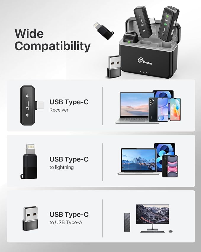 Loocam Mini Microphone for iPhone & Android with Charging Case, Wireless Lavalier Microphone for Video, Recording, Vlog, Hi-Fi Audio, Noise Cancellation, 24H Standby Lavalier Microphone