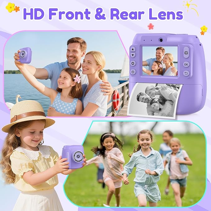 Instant Camera, Kids Camera Instant Print with 2.4 Inch Screen, Christmas Birthday Gifts for Girls Boys Age 3-12, Toddler Digital Print Toy for 3 4 5 6 7 8 9 10 Year Old, Front Rear Dual Selfie,Purple