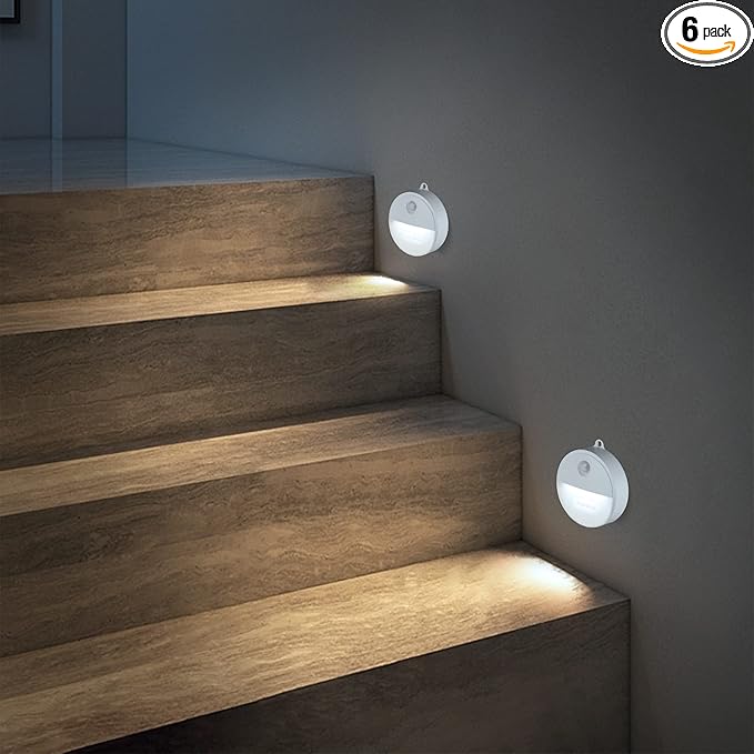 EverBrite LED Motion Sensor Night Light, Automated On & Off, Cool White Motion Activated LED Night Light for Kitchen, Bathroom, Stairs, Bedroom - with 18 AAA Batteries, 6-Pack