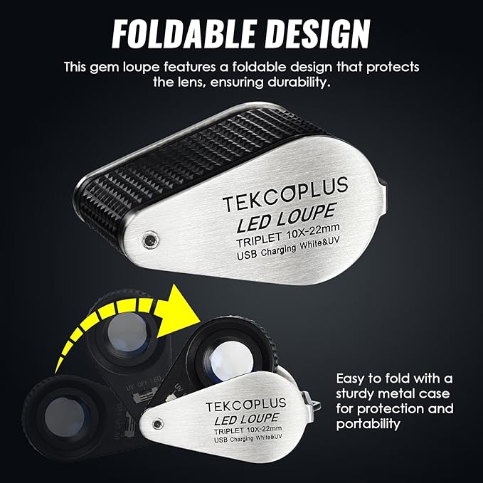 10x Jewelers Loupe Magnifier with UV & LED Lights, 22mm Triplet Lens Rechargeable Jewelers Loupe Foldable Jewelry Magnifier Portable Jewelry Magnifier Inspection Loupe for Gems, Jewelry, Coins, Rocks