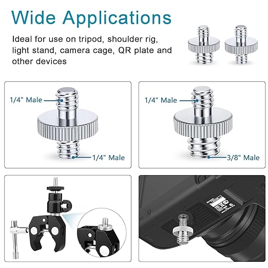 1/4" & 3/8 Male to 1/4" Male Threaded Tripod Screw Adapter, Double Head Stud Mounting Thread Converter for Camera, Monitor, LED Light, Microphone, Shoulder Rig - 2 Packs