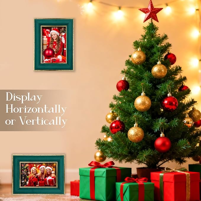Kathfly 1 Pcs Green Velvet Picture Frame 4 x 6 Inch Vintage Photo Frame with Gold Metal Edge Horizontal & Vertical Mount for Poster Artwork Puzzles Tabletop Wall Display Christmas Home Office Decor