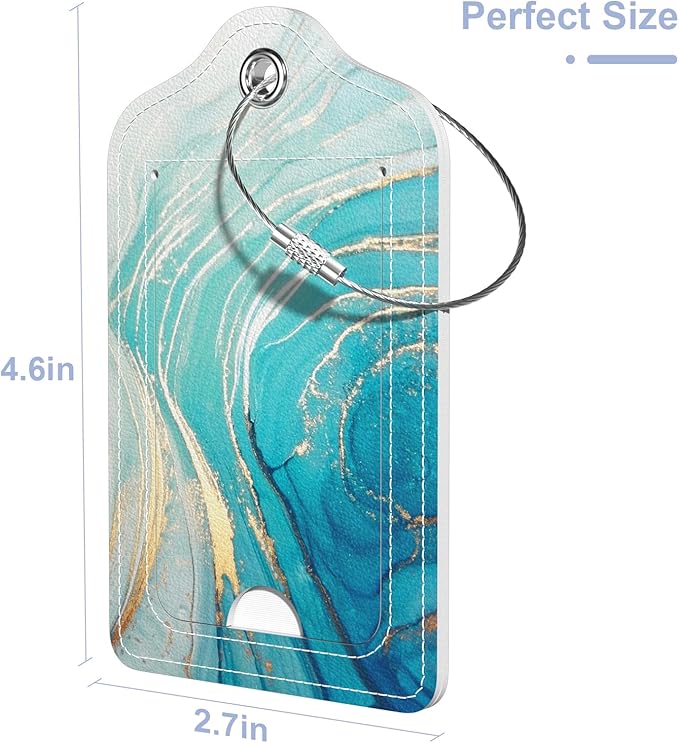 2 Pack PU Leather Luggage Tags for Suitcase, Travel Cruise Luggage Tag with Privacy Flap, Name ID Label and Metal Loop for Women Men Baggage Handbag School Bag Backpack, Blue Ocean Marble