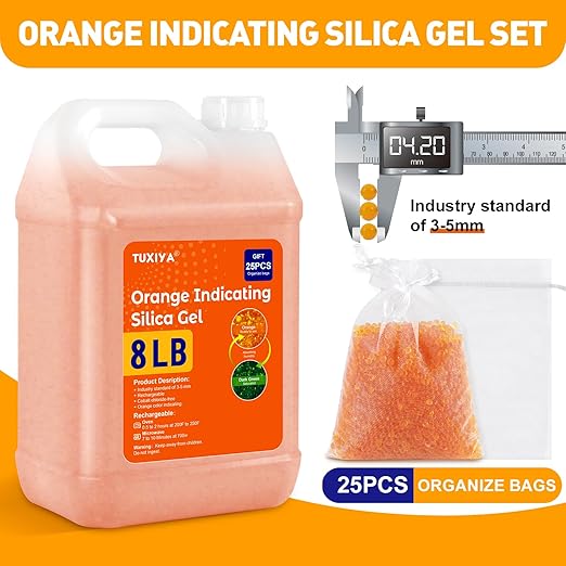 8 LBS Orange Indicating Silica Gel Desiccant Beads,(Industry Standard 3-5 mm) Rechargeable Silica Gel Beads for 3D Filament, Electronic Devices, Camera, Jewelry, Safe(25PCS Organza Bag)