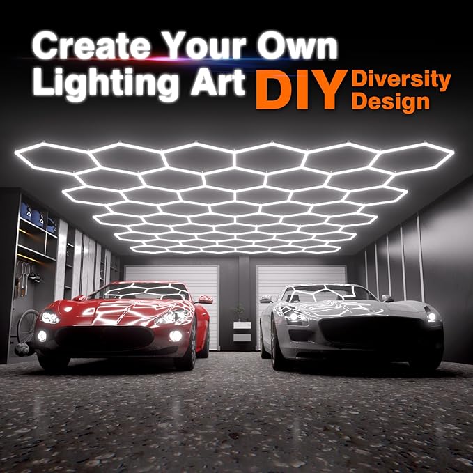 Hexagon Garage Lights: 1295W 185 Pack 50 Grids LED Garage Lights - Easy Install 6500K Super Bright Honeycomb Light for Warehouse, Car Detailing Shop, Exhibition Hall, Gym