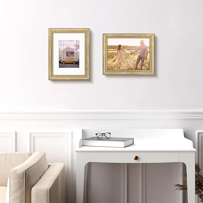 Golden State Art,9x12 Ornate Picture Frame for 6x8 Photo with Mat or 9 x 12 Prints without Mat, Real Glass Wall Display Horizontally or Vertically (Color:Vintage Gold)