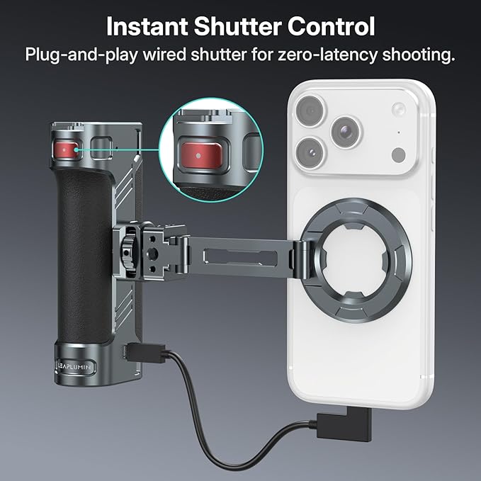 Magnetic Side Handle Handgrip for Smartphones, 360° Rotatable Aluminum Phone Grip with Shutter | SD/TF Card Reader | PD Charging | USB C Port | Cold Shoe | ARRI Holes for Mobile Video Rig