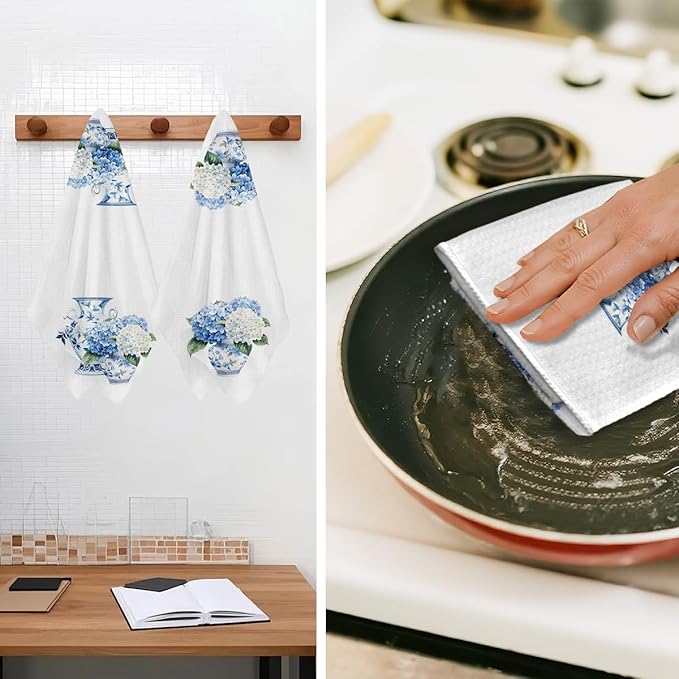 2Pcs Blue and White Porcelain Chinoiserie Kitchen Towels 24x14 Inch, Hydrangea Floral Dish Towels Tea Towels for Kitchen Bathroom Decor, Absorbent Microfiber Dish Cloth, Grand Millenial Decor