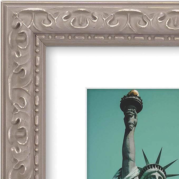 8x8 inch Distressed Wood Embossed Scroll Motif Vintage Antique Rustic Picture Frame, White Mat for 5x5 in Photo, Art Print Drawing, Wall Hanging or Desktop Display- Grey