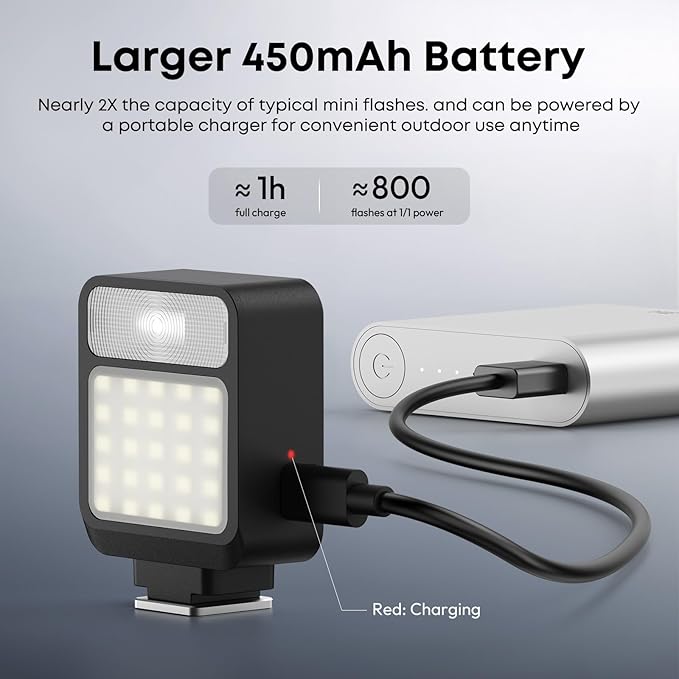 XIAOTJ Camera Mini Flash Speedlite w Video Light, 800+ Flashes/GN8 6500K/4 Power Levels w Single-Contact Hot Shoe, Camera Flash Compatible with Nikon/Canon/Sony zv1/zve10/Fujifilm, NOT for Sony ZV-1F