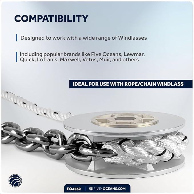 Five Oceans Windlass Anchor Rode, Hand-Spliced Anchor Rope and Chain Combination Kit, Nylon 3-Strand Rope, HT G4 Stainless Steel Chain for Boat Anchor System - Multiple Sizes