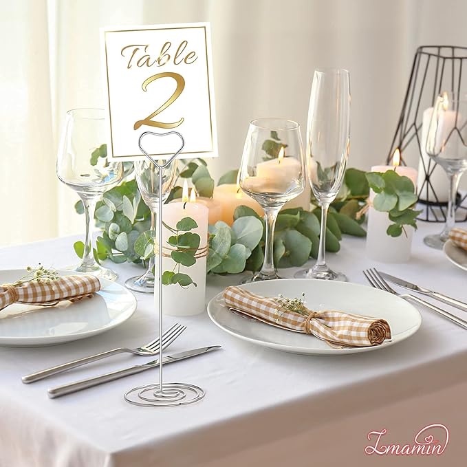 IMAMIN 16pcs Place Card Holders, 8.75 Inches Tall Table Number Holders, Silver Picture Holder for Tables with Heart Shaped Clip for Wedding, Photos, Food Signs, Memo Notes, Restaurant, Birthday