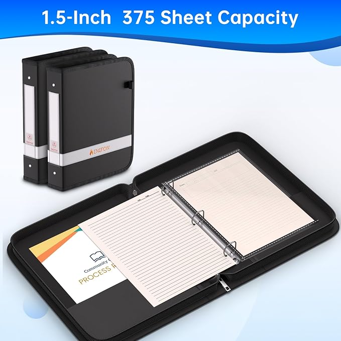 ENGPOW 3 Ring Binder,Fireproof 1.5 Inch D Ring Binder with Zipper,Holds 375 Sheets,Non-Stick,PVC-Free,Compatible with Clear Sheet Protectors,Portable School Office Home Safe Storage for Paper,Black