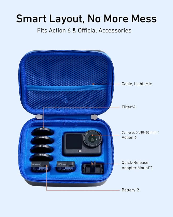 TELESIN DisAdv Carrying Case for DJI Osmo Action 6 and Official Accessories, Waterproof Hard Carrying Bag for Camera Batteries Filter Mount, DJI Osmo Case Hard Shell Action Camera Bag, Black