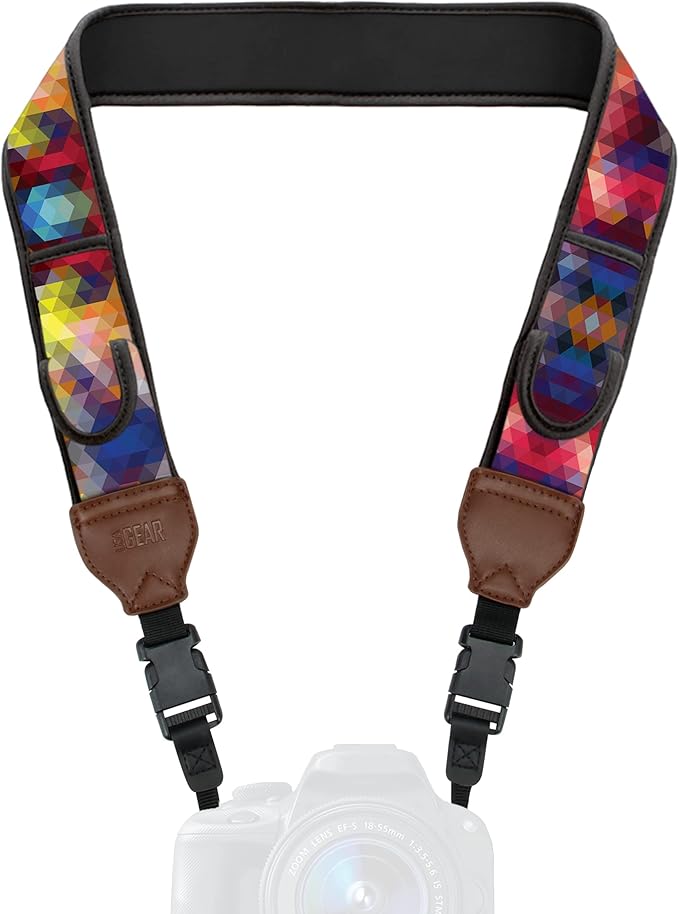 USA Gear TrueSHOT Camera Strap Neoprene Camera Straps - Padded Neck Strap, Pockets, and Quick Release Buckles - Compatible with Canon, Nikon, Sony and More DSLR and Mirrorless Cameras (Geometric)