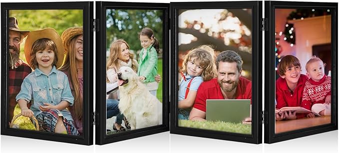 Sintuff 8 x 10 Picture Frames Hinged Fold Photos Frame Collage Vertical with Acrylic Opening Wood Desk Photo Rustic Multiple Desk Family Picture Collage Wedding Supplies(4 Fold Style,8x10inch,Black)