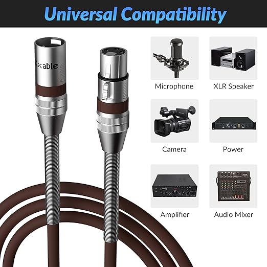 XLR Microphone Cable 20 FT, XLR Male to Female Balanced Mic Cable, 3-Pin Shielded Speaker Cord, Zinc Alloy Connectors, 22AWG Pure Copper, Metal Spring SR, Recording Studio, Podcast, Brown